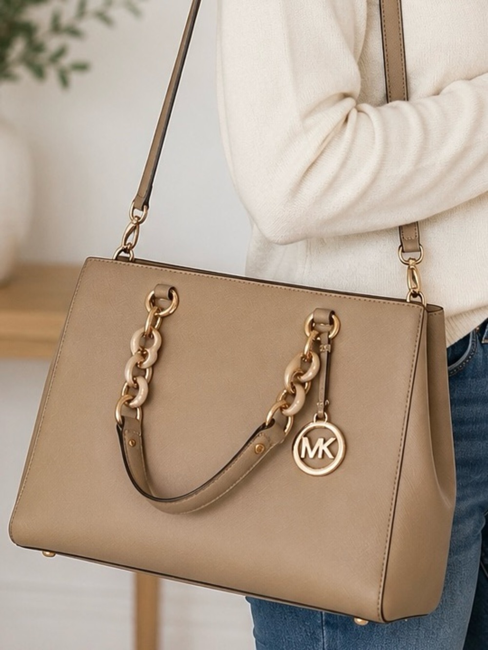 Michael Kors Cynthia Satchel Taupe Saffiano Leather Rose Gold Crossbody